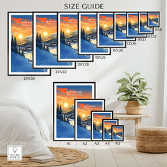 Whistler Wall Art Ski Print size guide showcasing various frame dimensions for home or office decor.