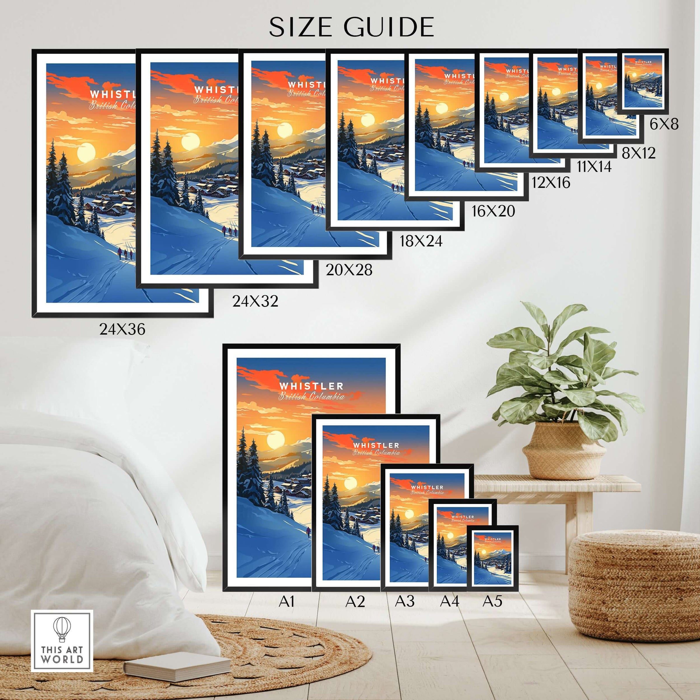 Whistler Wall Art Ski Print size guide showcasing various frame dimensions for home or office decor.
