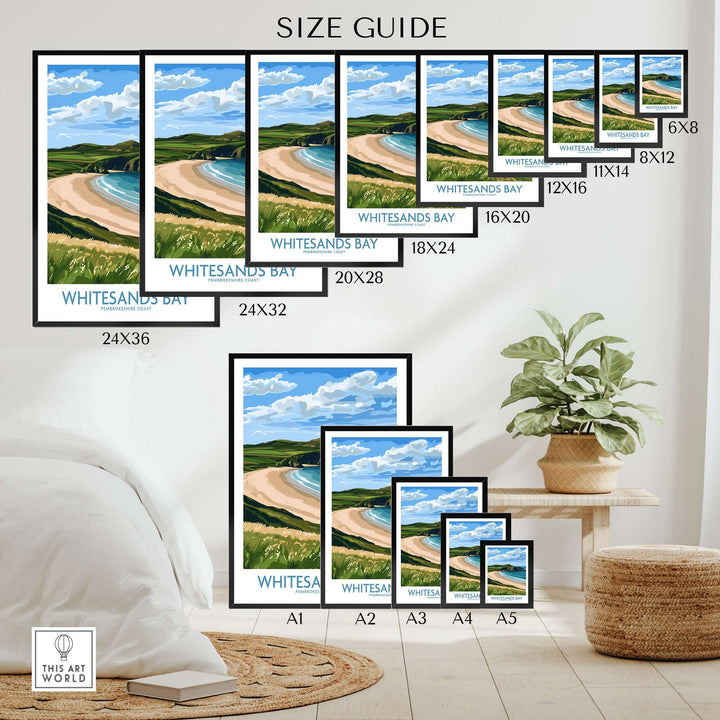 Size guide for Whitesands Bay St David's Peninsula print showcasing various frame sizes and coastal design.
