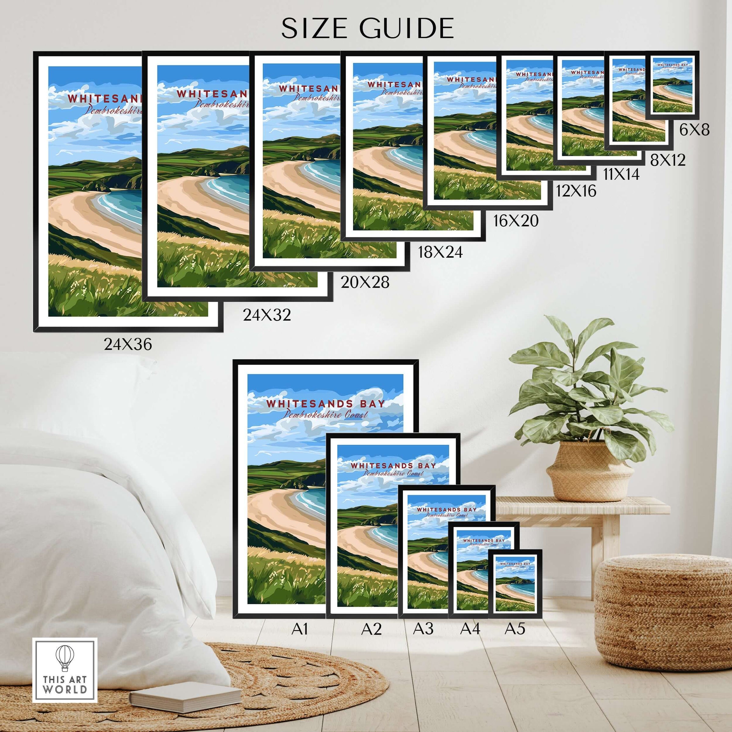 Whitesands Bay travel poster size guide, beach wall art print options displayed in a modern room.