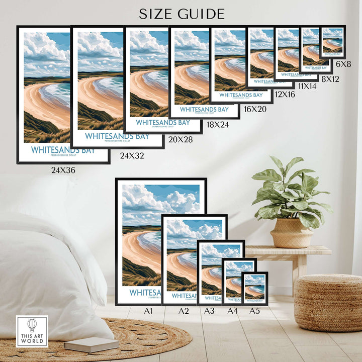 Size guide for Whitesands Bay Pembrokeshire grassy dunes poster, showcasing various frame sizes and designs.