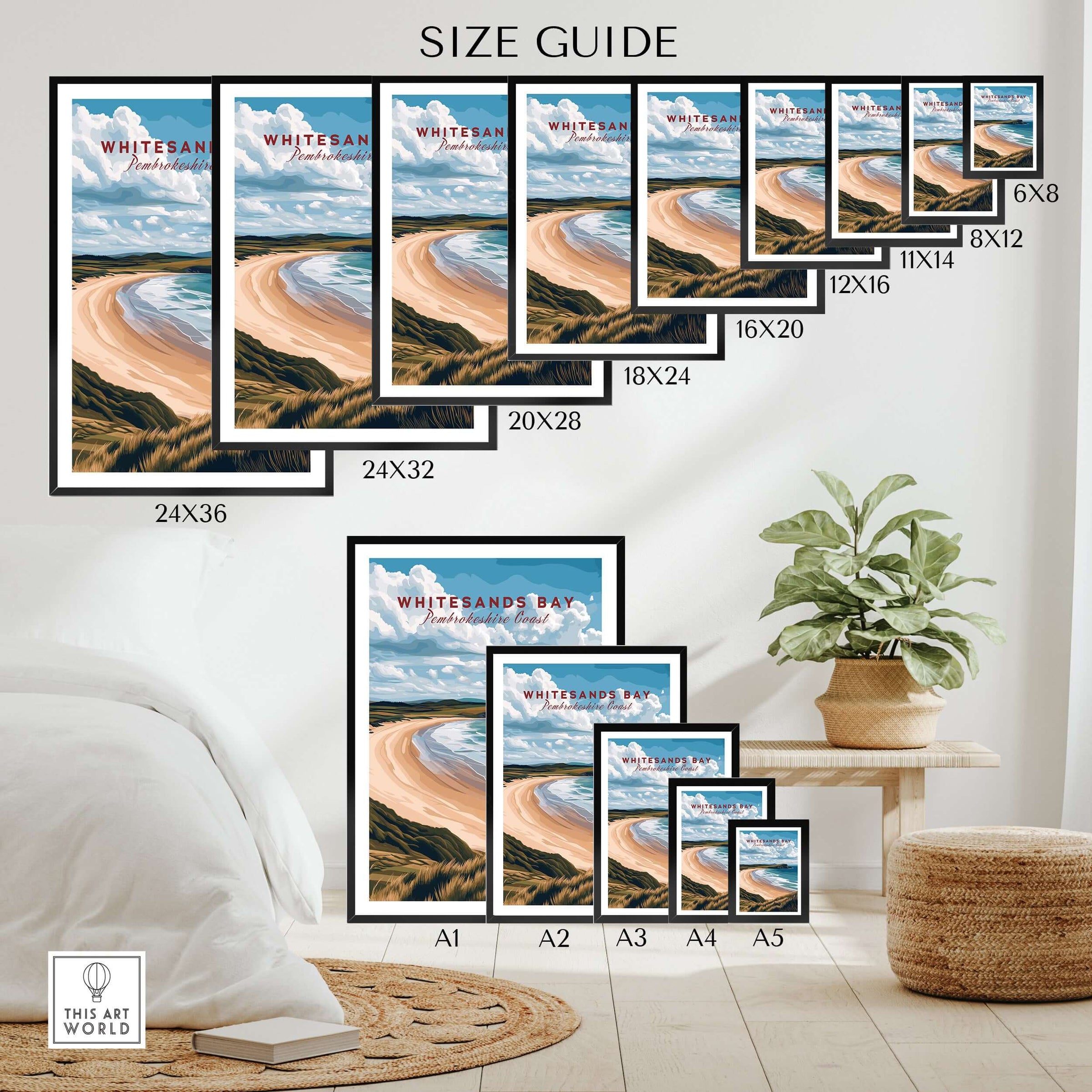 Wall art poster size guide featuring Whitesands Bay beach print in various frame sizes.
