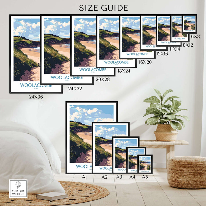 Size guide for Woolacombe Devon Dunes to Ocean poster showing various frame sizes and decor options.