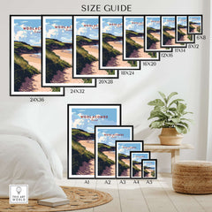 Wall art poster size guide featuring Woolacombe beach print in various frame sizes