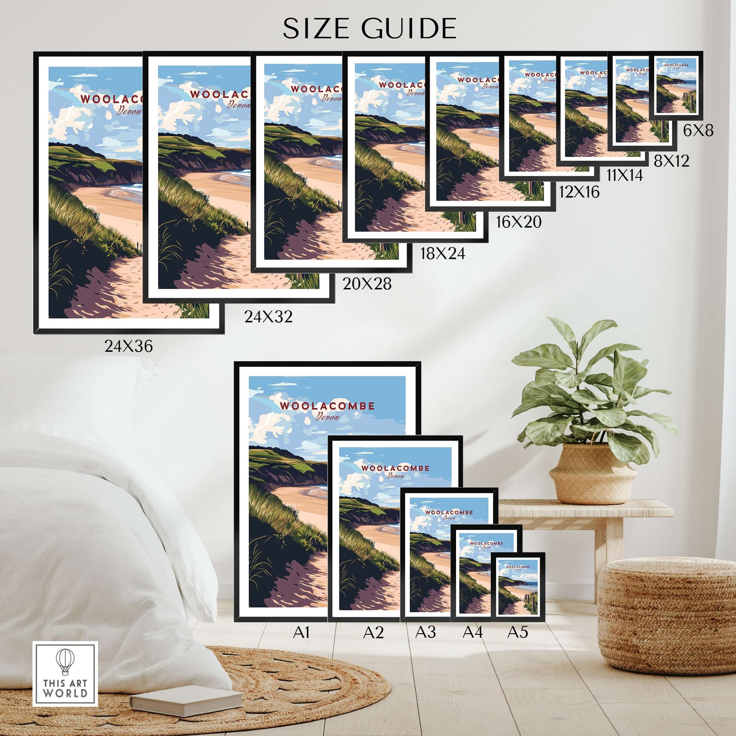 Wall art poster size guide featuring Woolacombe beach print in various frame sizes