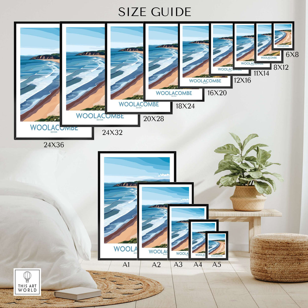 Size guide for Woolacombe Devon Coastal Cliffs wall art in various frame sizes, showcasing UK travel decor options.