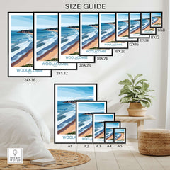 Woolacombe beach wall art poster size guide in modern home decor setting