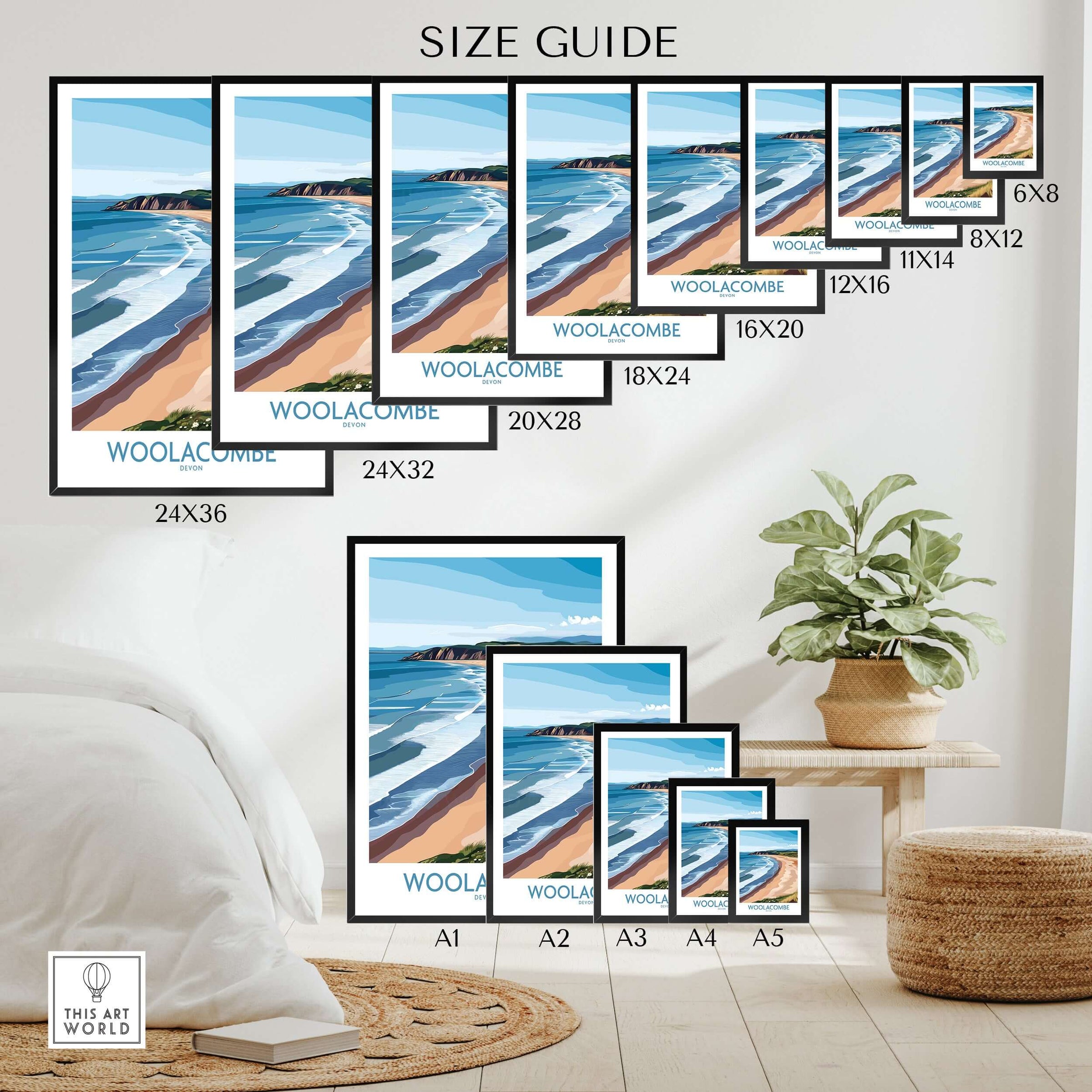 Woolacombe beach wall art poster size guide in modern home decor setting