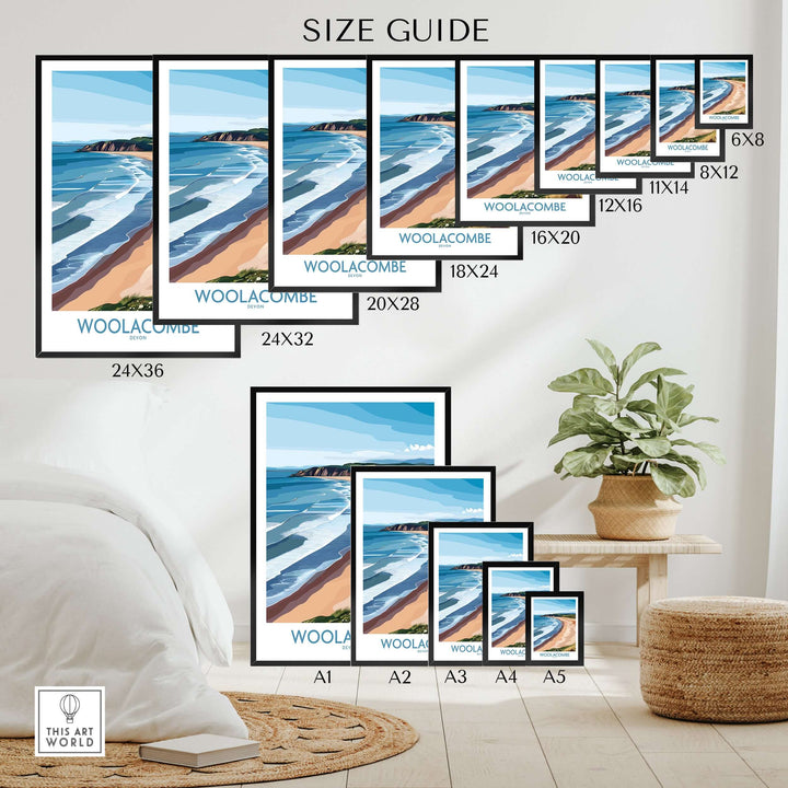 Size guide for Woolacombe Devon Coastal Cliffs wall art in various frame sizes, showcasing UK travel decor options.