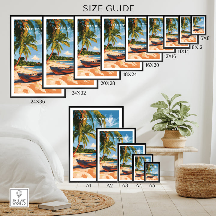 Côte d'Ivoire Beach Wall Art size guide showcasing various frame sizes in a stylish home setting.