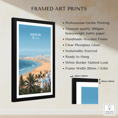 Agadir Morocco Poster – Travel Print framed print specifications: handmade wooden frame, clear plexiglass glaze, 20mm frame width, ready to hang