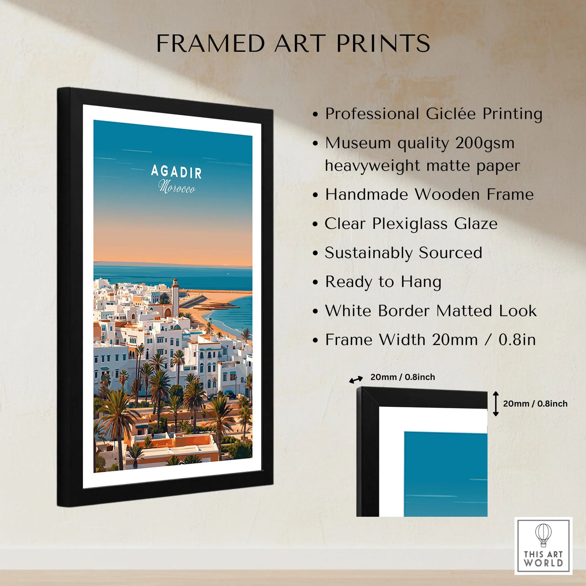 Agadir Travel Poster – City Skyline framed print specifications: handmade wooden frame, clear plexiglass glaze, 20mm frame width, ready to hang
