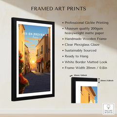 Aix-en-Provence Poster framed print specifications: handmade wooden frame, clear plexiglass glaze, 20mm frame width, ready to hang