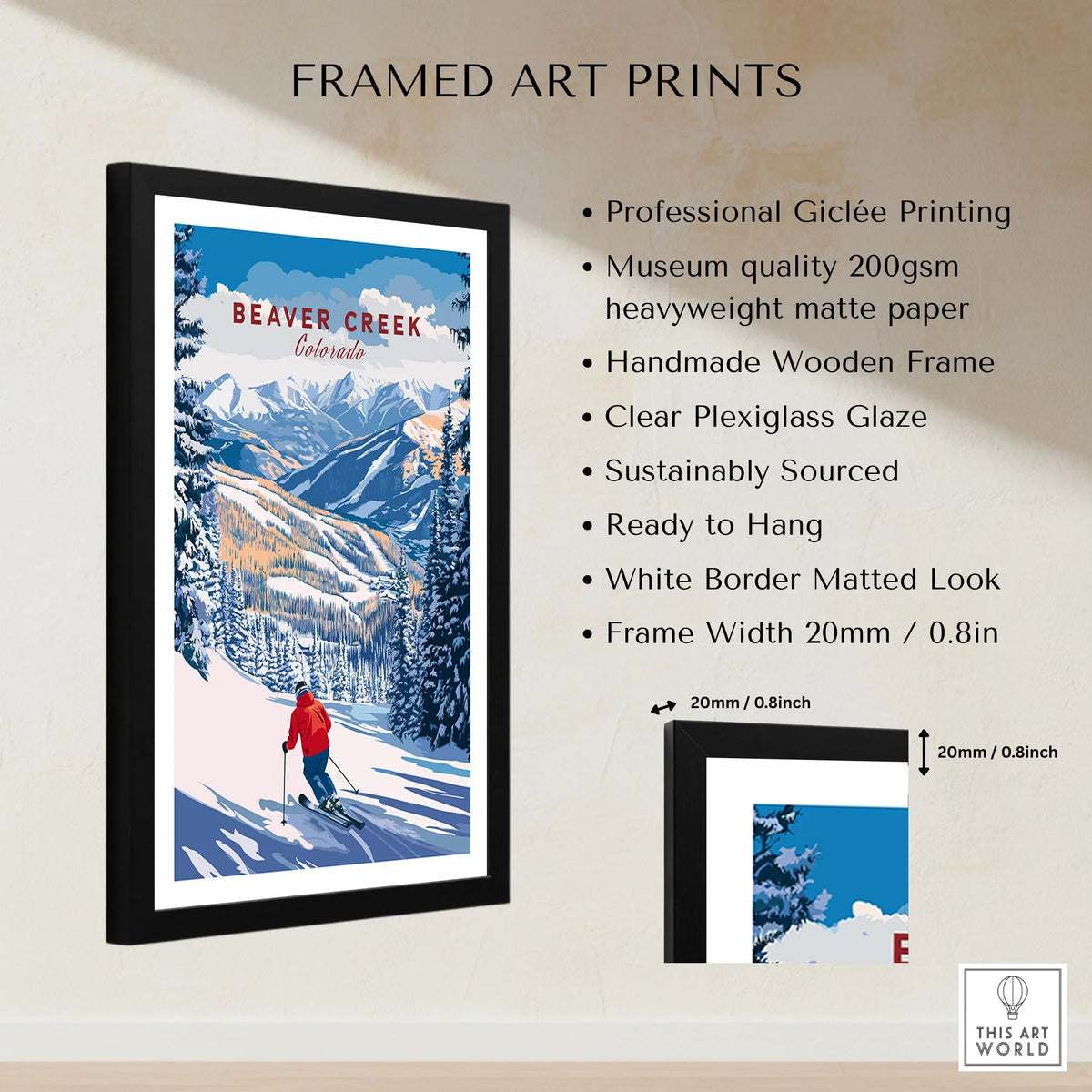 Beaver Creek Colorado Downhill Skier Poster - Winter Sports Wall Art framed print specifications: handmade wooden frame, clear plexiglass glaze, 20mm frame width, ready to hang
