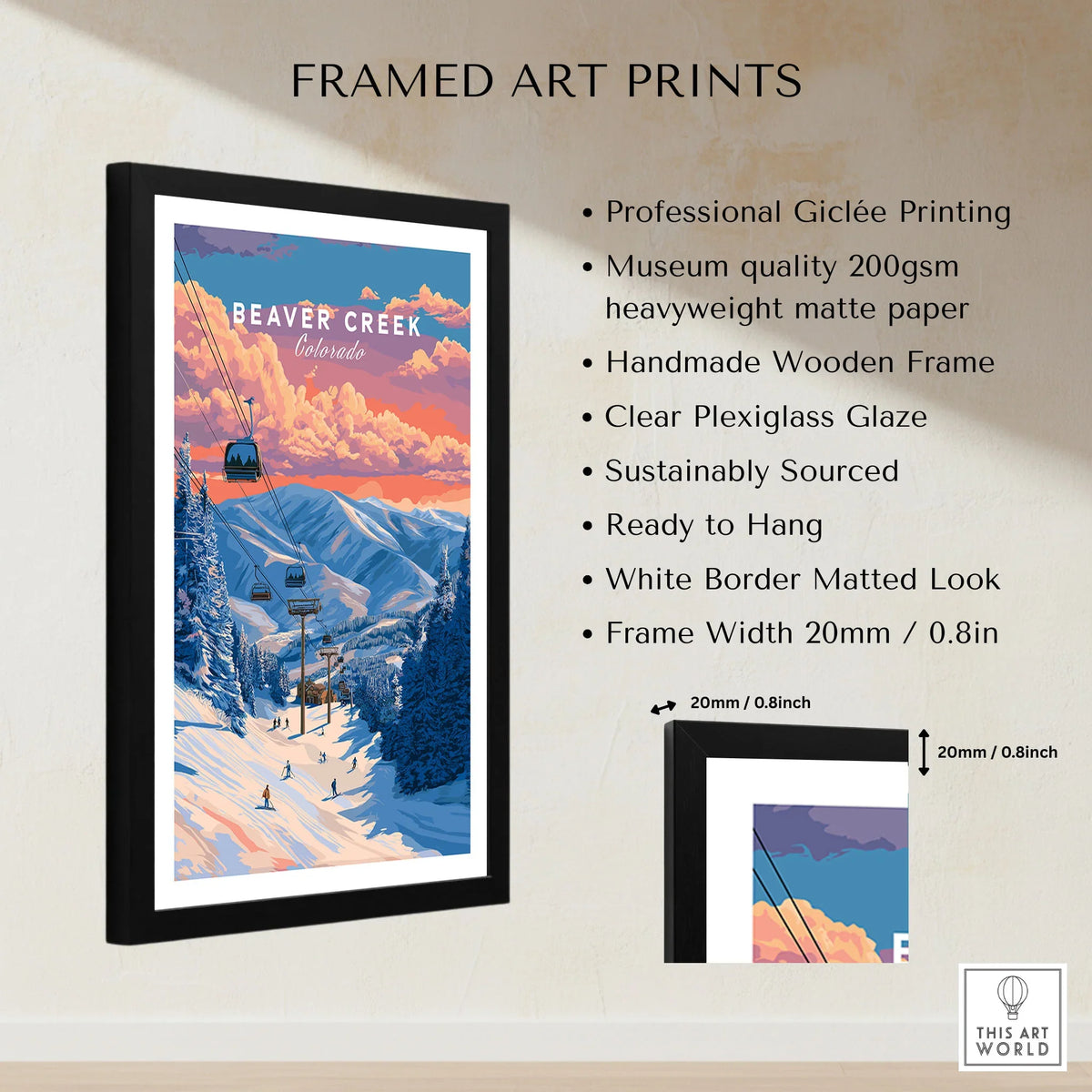 Beaver Creek Colorado Ski Lift Sunset Print - Mountain Gondola Wall Art framed print specifications: handmade wooden frame, clear plexiglass glaze, 20mm frame width, ready to hang