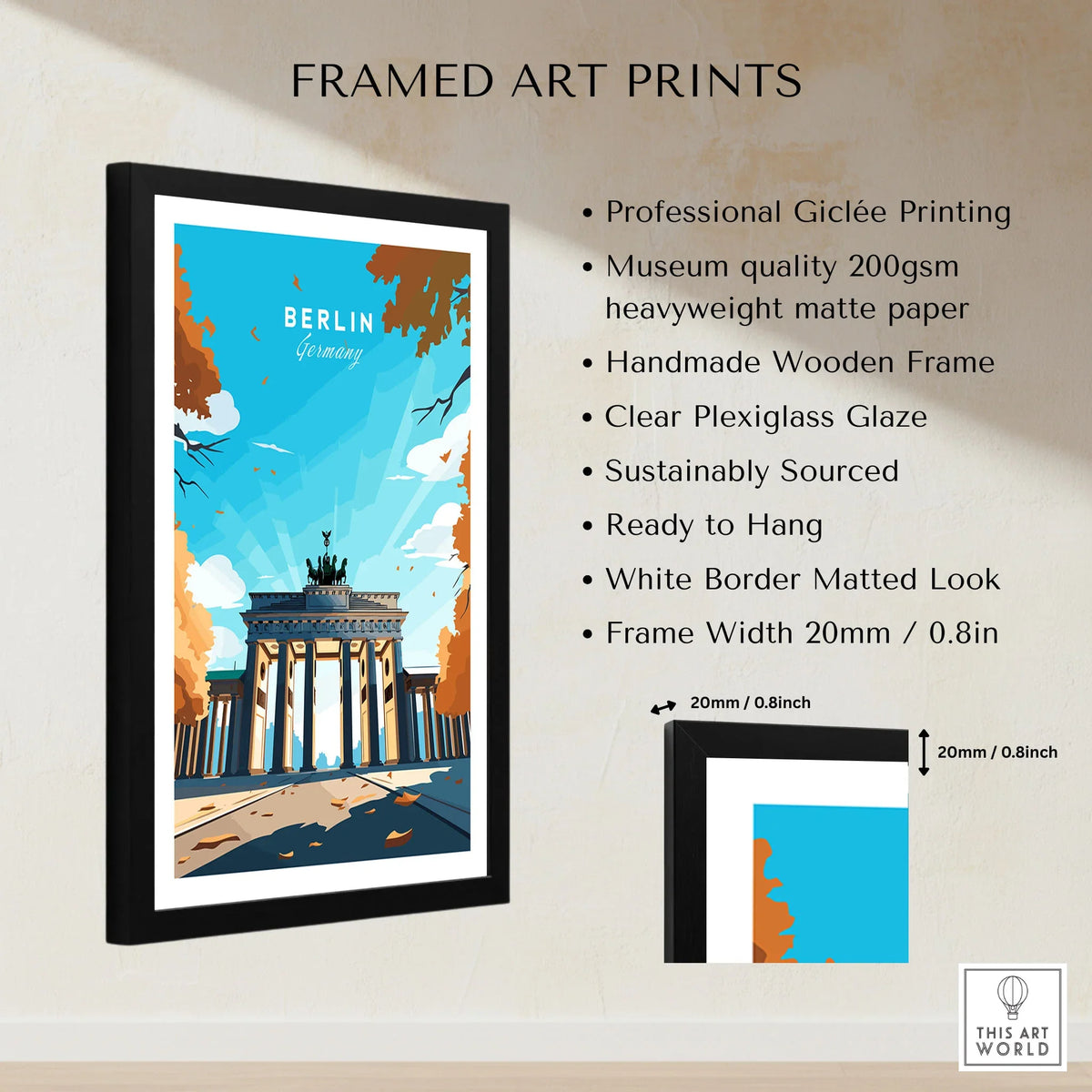 Berlin Poster Blue Sky framed print specifications: handmade wooden frame, clear plexiglass glaze, 20mm frame width, ready to hang