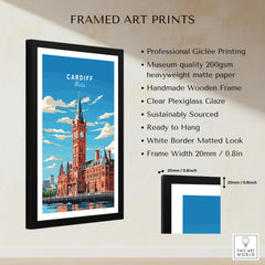 Cardiff Travel Poster framed print specifications: handmade wooden frame, clear plexiglass glaze, 20mm frame width, ready to hang