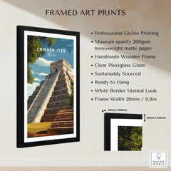 Chichén Itzá Mexico Travel Print El Castillo Pyramid Poster Mayan Ruins Wall Art framed print specifications: handmade wooden frame, clear plexiglass glaze, 20mm frame width, ready to hang