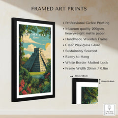 Chichén Itzá Mexico Travel Poster Pyramid Jungle Print Mayan Ruins Wall Art Decor framed print specifications: handmade wooden frame, clear plexiglass glaze, 20mm frame width, ready to hang