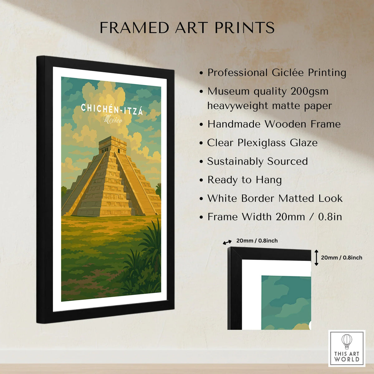 Chichén Itzá Mexico El Castillo Pyramid Travel Print Mayan Landscape Poster Wall Art framed print specifications: handmade wooden frame, clear plexiglass glaze, 20mm frame width, ready to hang