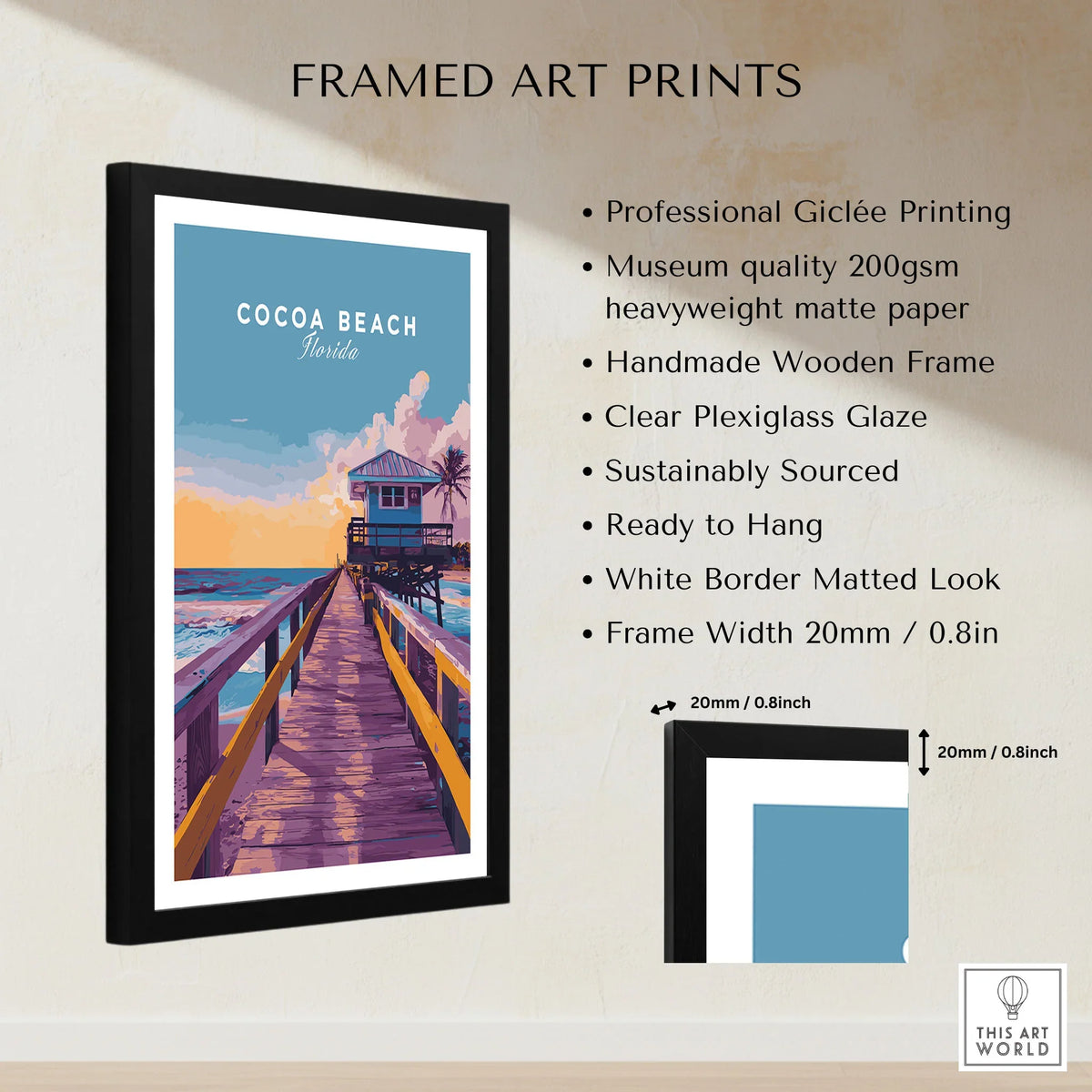 Cocoa Beach Boardwalk Print - Florida Sunset Wall Art framed print specifications: handmade wooden frame, clear plexiglass glaze, 20mm frame width, ready to hang