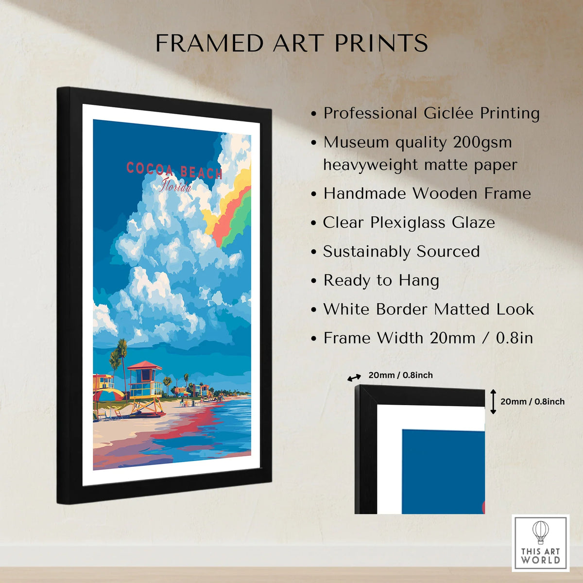 Cocoa Beach Lifeguard Stand Print - Florida Beach Wall Art framed print specifications: handmade wooden frame, clear plexiglass glaze, 20mm frame width, ready to hang