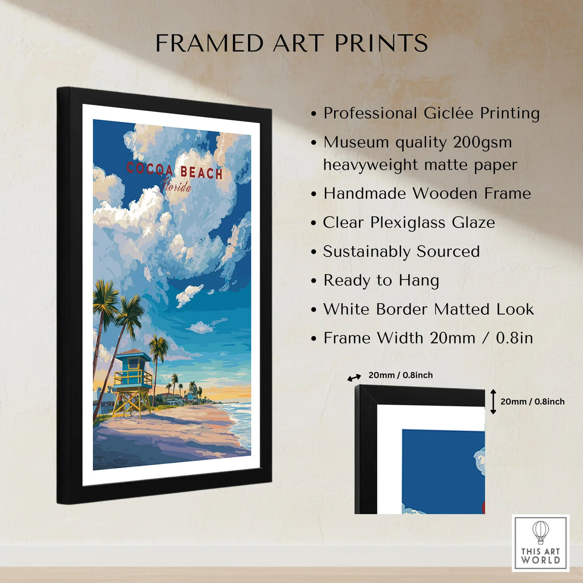 Cocoa Beach Lifeguard Tower Poster - Palm Tree Beach Wall Art framed print specifications: handmade wooden frame, clear plexiglass glaze, 20mm frame width, ready to hang