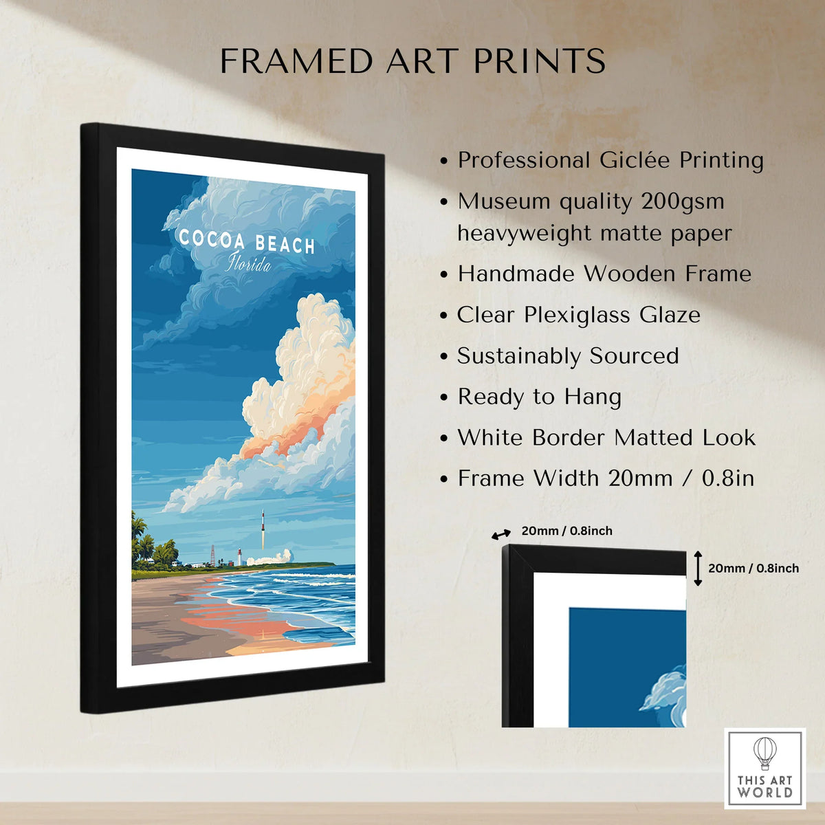 Cocoa Beach Florida Rocket Launch Print - Space Coast Wall Art framed print specifications: handmade wooden frame, clear plexiglass glaze, 20mm frame width, ready to hang