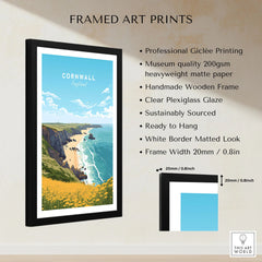 Cornwall Poster framed print specifications: handmade wooden frame, clear plexiglass glaze, 20mm frame width, ready to hang