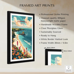 Cornwall Wall Art Print - United Kingdom Travel Poster framed print specifications: handmade wooden frame, clear plexiglass glaze, 20mm frame width, ready to hang