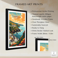 Cornwall Travel Print framed print specifications: handmade wooden frame, clear plexiglass glaze, 20mm frame width, ready to hang
