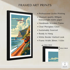 Cornwall Coast Travel Print framed print specifications: handmade wooden frame, clear plexiglass glaze, 20mm frame width, ready to hang