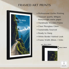 Death Road Print | South America Adventure Decor | Yungas Road Poster framed print specifications: handmade wooden frame, clear plexiglass glaze, 20mm frame width, ready to hang