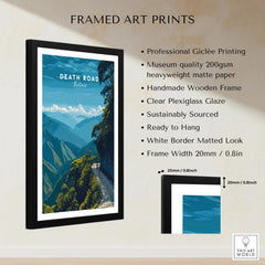 Death Road Yungas Adventure Scenic Print | Bolivian Travel Wall Decor framed print specifications: handmade wooden frame, clear plexiglass glaze, 20mm frame width, ready to hang