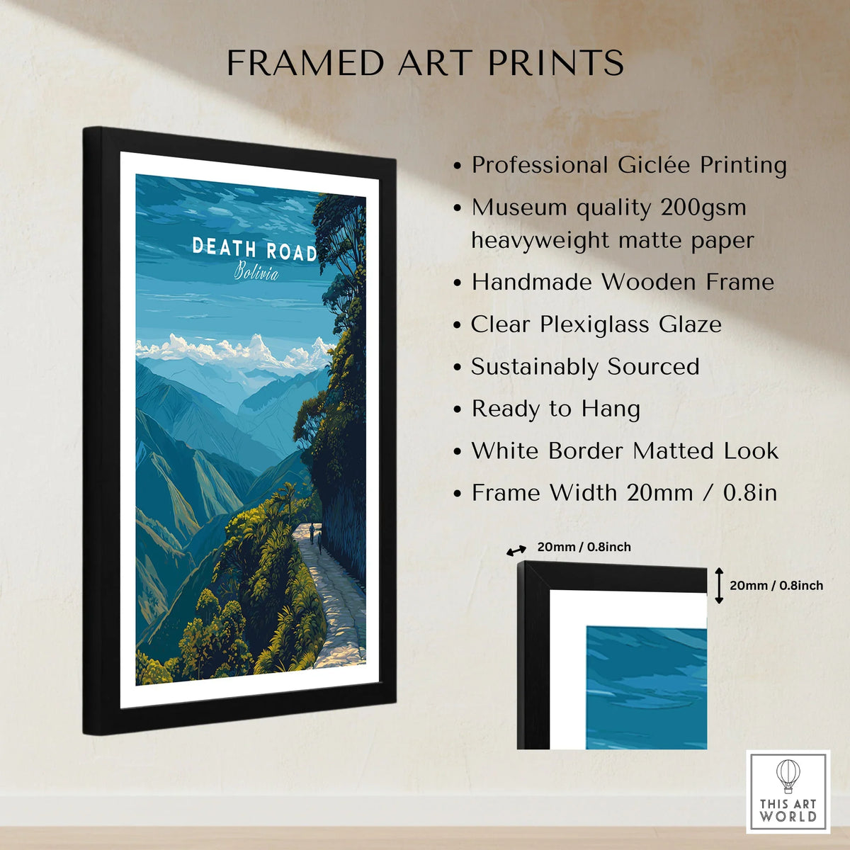 Death Road Yungas Adventure Scenic Print | Bolivian Travel Wall Decor framed print specifications: handmade wooden frame, clear plexiglass glaze, 20mm frame width, ready to hang