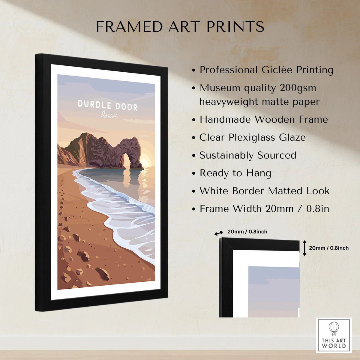 Durdle Door Travel Poster – Jurassic Coast Sunset Art framed print specifications: handmade wooden frame, clear plexiglass glaze, 20mm frame width, ready to hang