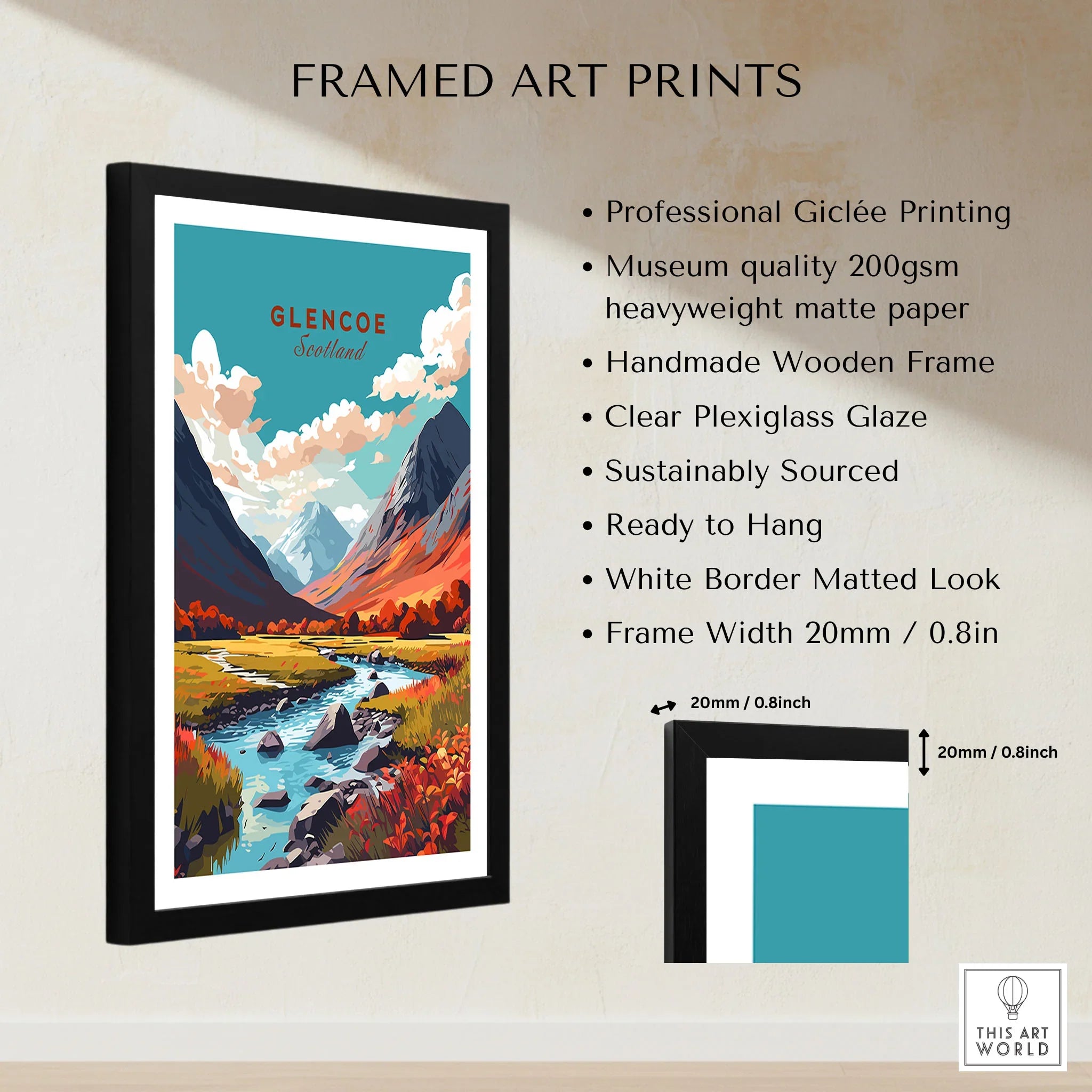 Glencoe Poster Print framed print specifications: handmade wooden frame, clear plexiglass glaze, 20mm frame width, ready to hang