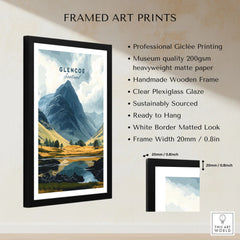 Glencoe Travel Print framed print specifications: handmade wooden frame, clear plexiglass glaze, 20mm frame width, ready to hang