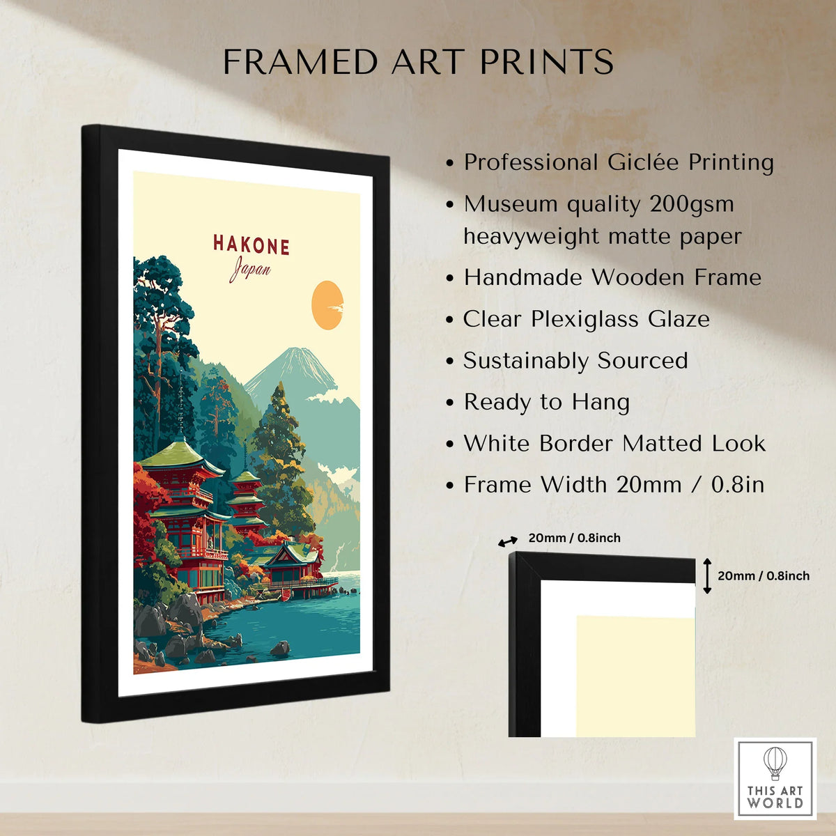 Hakone Japan Lake Ashi Temple Print - Japanese Pagoda Wall Art framed print specifications: handmade wooden frame, clear plexiglass glaze, 20mm frame width, ready to hang