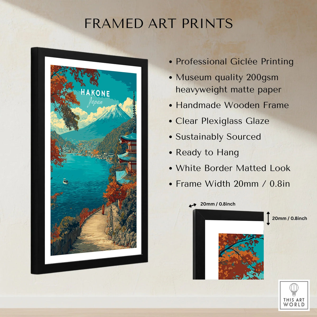 Hakone Print Japan Lake View Pagoda - Mount Fuji Scenic Poster framed print specifications: handmade wooden frame, clear plexiglass glaze, 20mm frame width, ready to hang