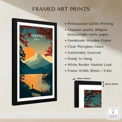 Hakone Japan Torii Gate Sunset Poster - Mount Fuji Lake Scene Print framed print specifications: handmade wooden frame, clear plexiglass glaze, 20mm frame width, ready to hang
