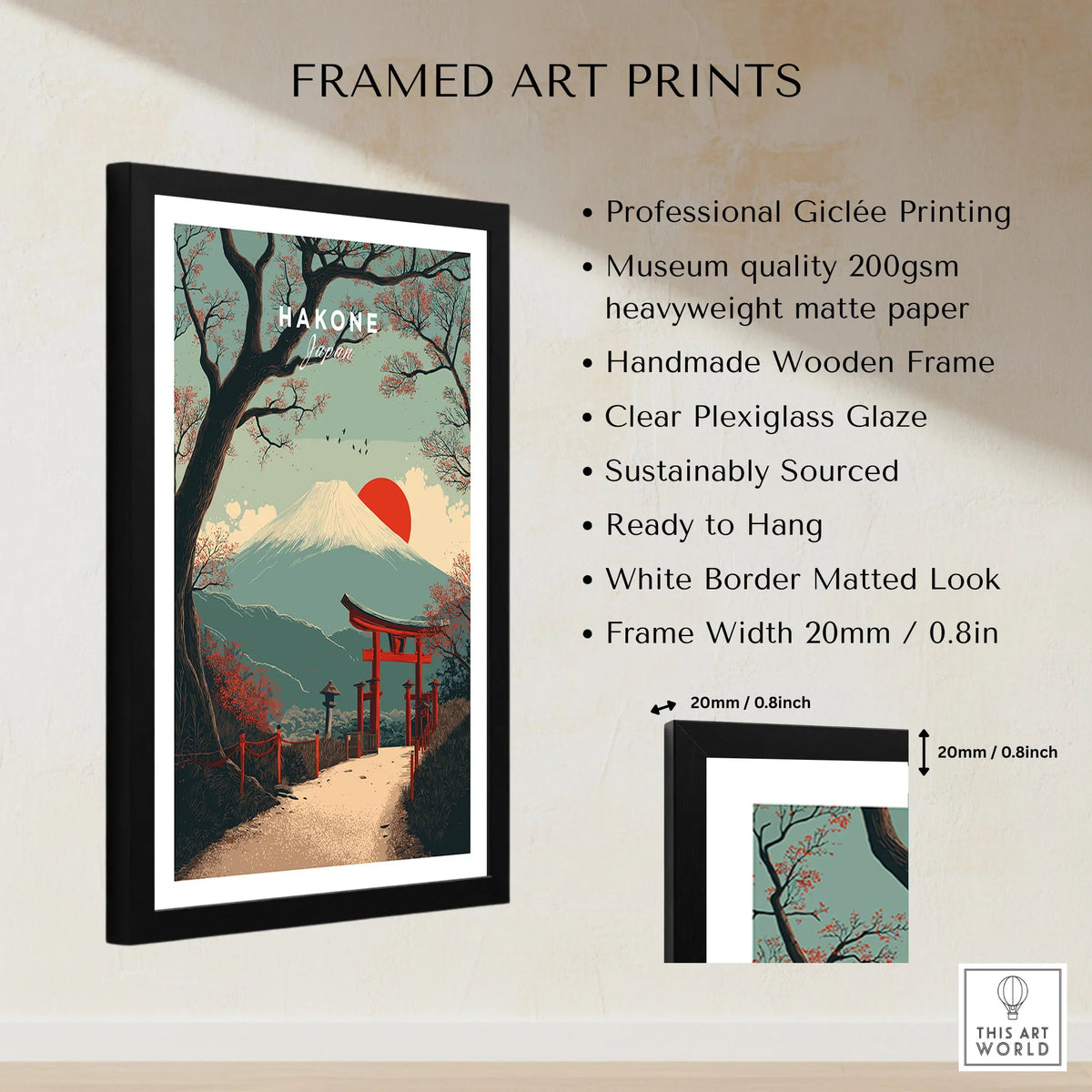 Hakone Japan Torii Gate Mount Fuji Print - Iconic Japanese Poster framed print specifications: handmade wooden frame, clear plexiglass glaze, 20mm frame width, ready to hang