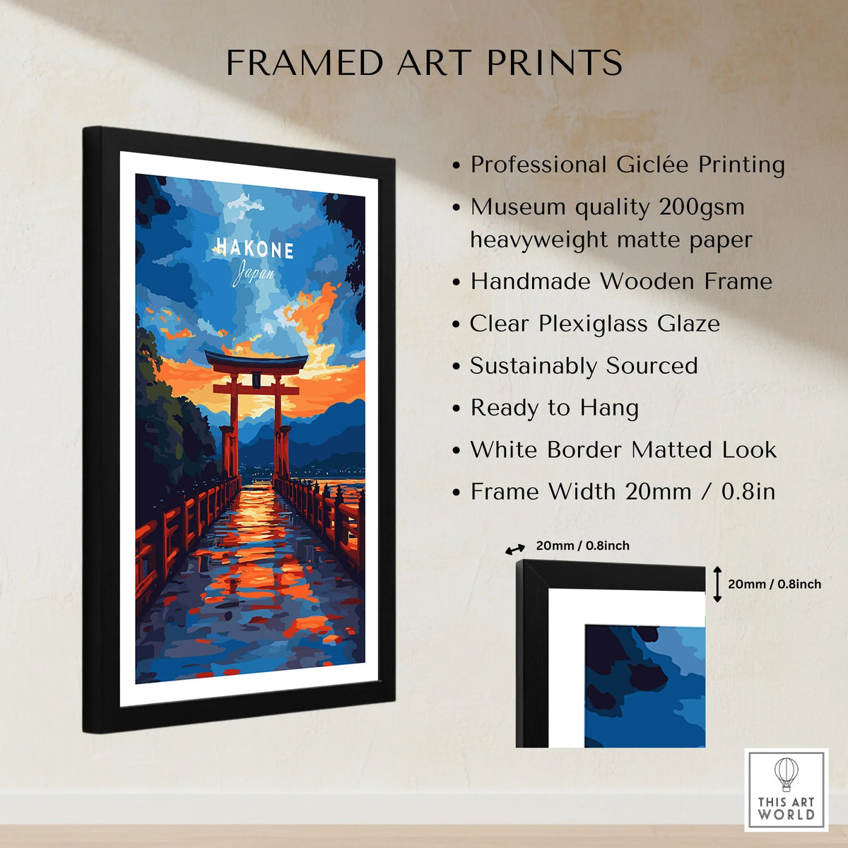 Hakone Wall Art Japan Torii Gate Sunset Reflections Poster - Vibrant Lake Ashi Print framed print specifications: handmade wooden frame, clear plexiglass glaze, 20mm frame width, ready to hang