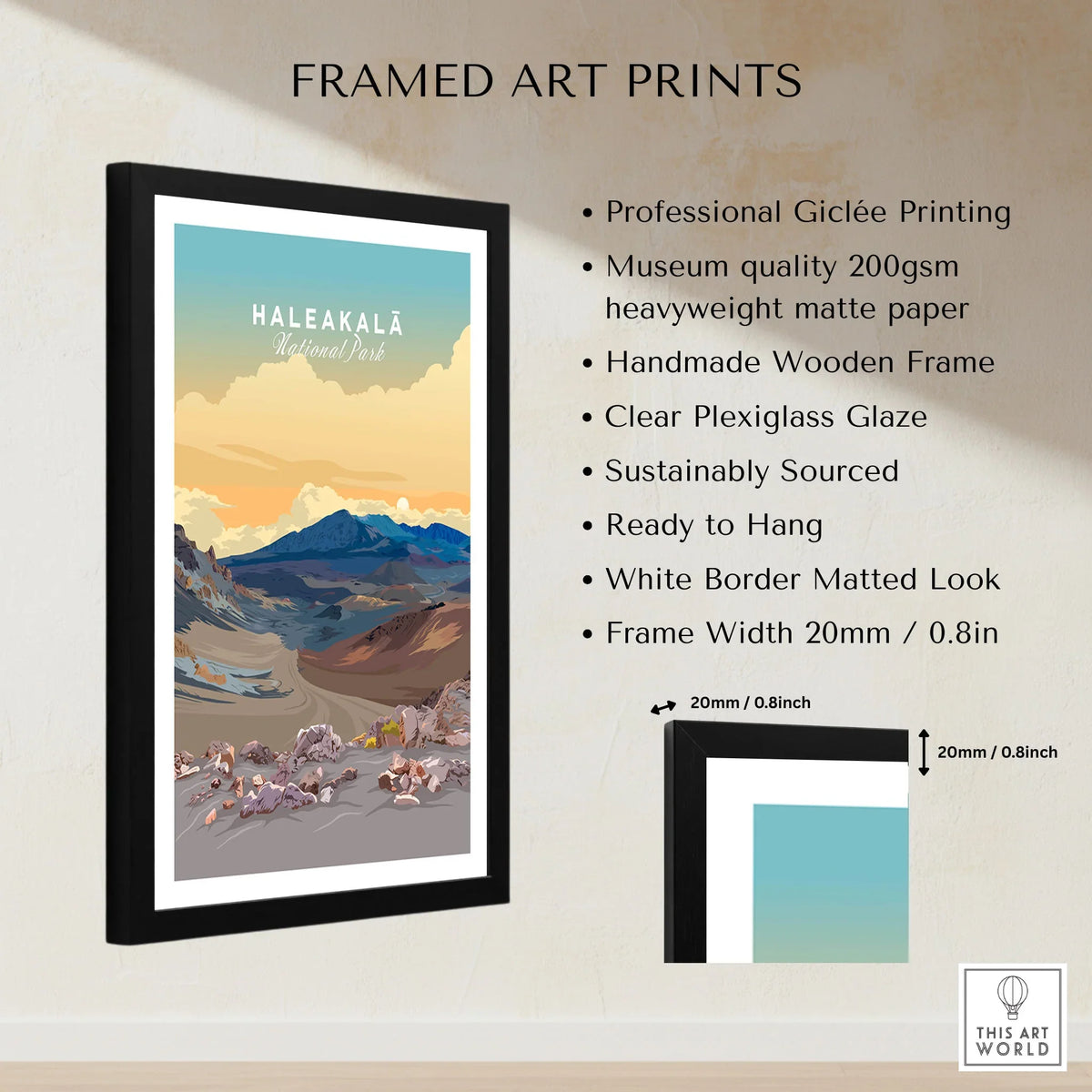 Haleakalā Volcano Poster, Maui Hawaii Travel Print, National Park Wall Art framed print specifications: handmade wooden frame, clear plexiglass glaze, 20mm frame width, ready to hang