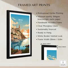 Ibiza Poster Print framed print specifications: handmade wooden frame, clear plexiglass glaze, 20mm frame width, ready to hang