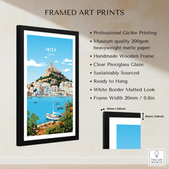 Ibiza Print framed print specifications: handmade wooden frame, clear plexiglass glaze, 20mm frame width, ready to hang
