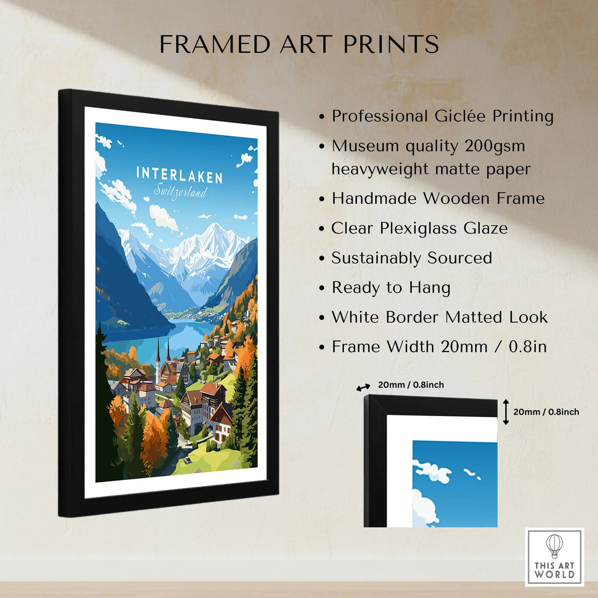 Interlaken Poster framed print specifications: handmade wooden frame, clear plexiglass glaze, 20mm frame width, ready to hang