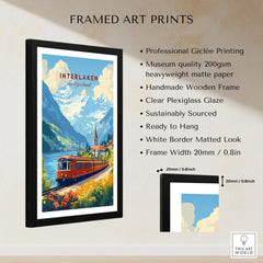 Interlaken Travel Print framed print specifications: handmade wooden frame, clear plexiglass glaze, 20mm frame width, ready to hang