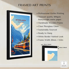 Interlaken Wall Art framed print specifications: handmade wooden frame, clear plexiglass glaze, 20mm frame width, ready to hang