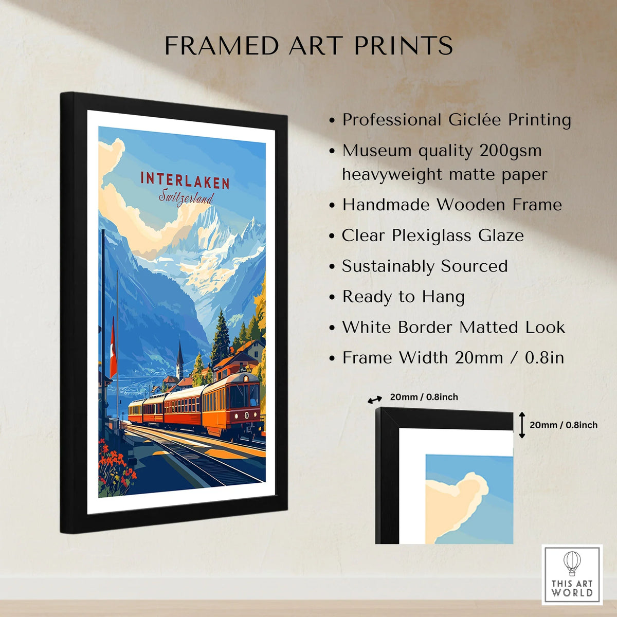 Interlaken Wall Art framed print specifications: handmade wooden frame, clear plexiglass glaze, 20mm frame width, ready to hang